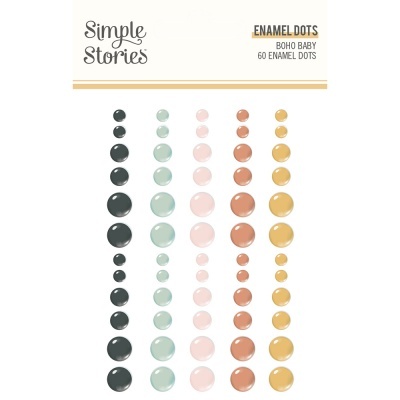 Produto Simple Stories Enamel Dots com 60 pontos esmaltados coloridos em cartão branco.