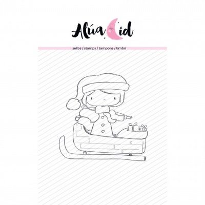 Desenho infantil em preto e branco de criança num trenó com gorro de Natal e presentes