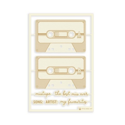 Autocolantes com imagem de cassetes de áudio vintage bege e texto manuscrito dourado