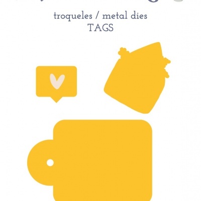 Conjunto de troqueles metálicos amarelos para etiquetas com texto Cookok., Picnic, troqueles / metal dies, TAGS