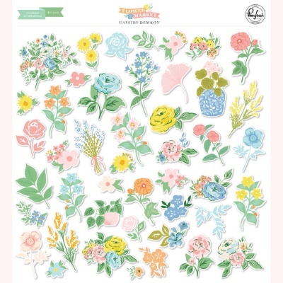 Autocolantes decorativos de flores coloridas em fundo branco com texto de marca e quantidade.