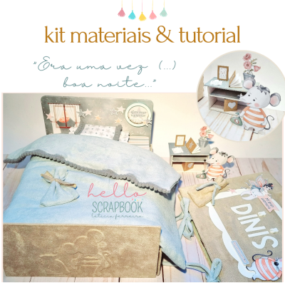 Kit de materiais e tutorial de scrapbook com cama decorativa azul e bege e caixa personalizada com nome DINIS