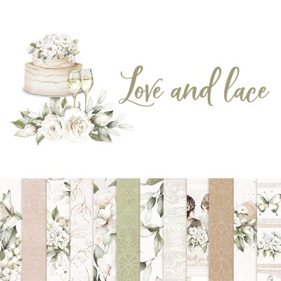 Bolo decorado, flores brancas, taças de champanhe, texto Love and lace e padrões florais