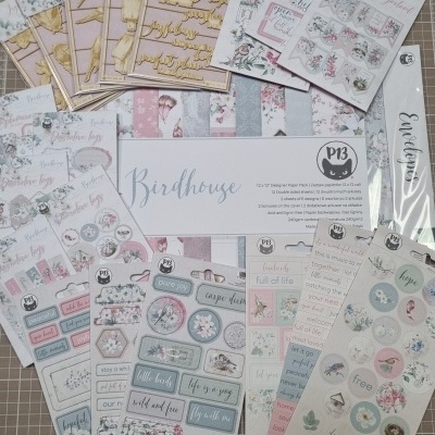 Kit scrapbooking Birdhouse com papel decorativo, etiquetas, autocolantes e elementos em relevo dourados