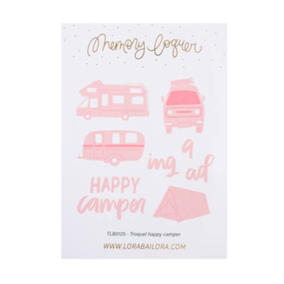 Conjunto de carimbos rosa com temas de campismo, texto e figuras sobre fundo branco