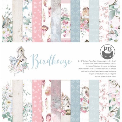 Conjunto de papeis decorativos Birdhouse com estampas florais e de pássaros em tons pastel.