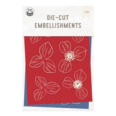 Pacote de enfeites recortados a laser com flores brancas em fundos vermelhos e azuis.