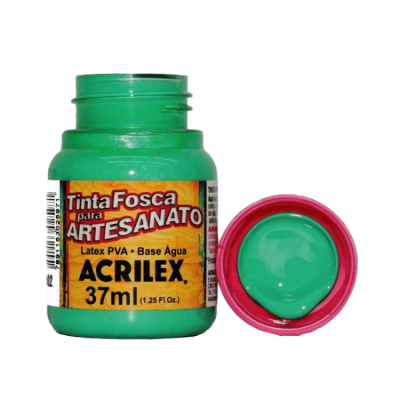 Frasco de tinta fosca verde para artesanato ACRILEX aberto com tampa vermelha
