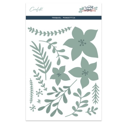 Conjunto de troqueles florais e folhagens em verde-acinzentado com texto TROQUEL POINSETTIA no topo