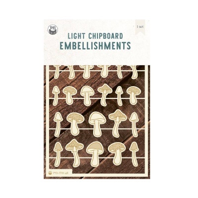 Embellishments de chipboard leve com formas de cogumelos castanhos embalados em cartão branco