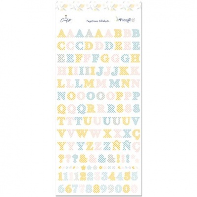 Folha de autocolantes alfabeto coloridos com padrão de bolinhas e cruzes