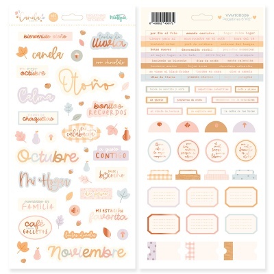 Folhas de autocolantes com temas de outono e texto decorativo em tons quentes