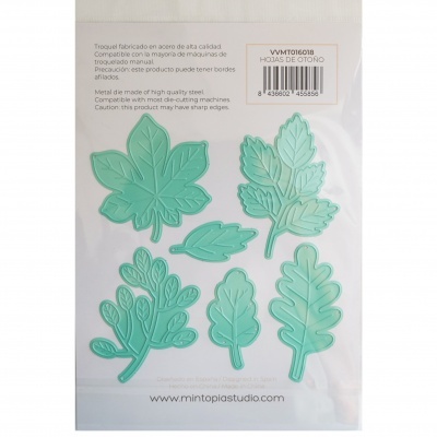 Troqueles de aço verde água em formato de folhas de outono num saco transparente com etiqueta branca