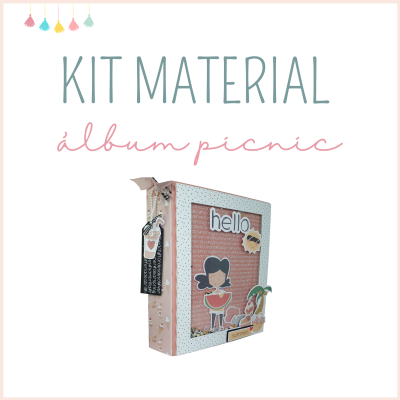 Álbum decorativo 'Kit Material álbum picnic' com ilustrações coloridas e tag pendurada