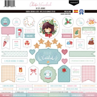 Folha de adesivos de Natal coloridos com desenhos variados e textos em espanhol