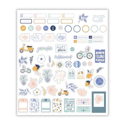 Coleção de autocolantes coloridos com temas de bicicletas, scooters, plantas e frases motivacionais.