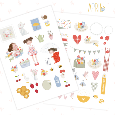 Autocolantes coloridos com temas de natureza, crianças e flores em fundo branco