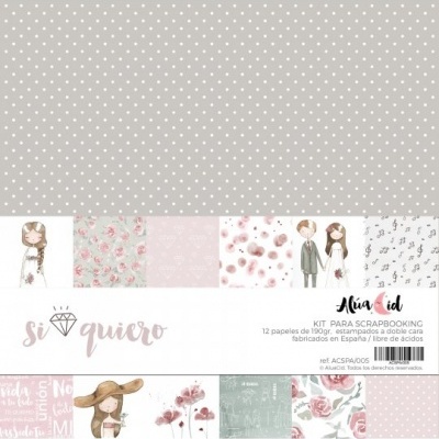 Kit para scrapbooking com papéis estampados variados com temas de casamento e amor