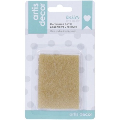 borracha para apagar cola e resíduos em embalagem branca e azul com pontos cinza