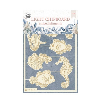 embellishments de chipboard com figuras marinhas em embalagem
