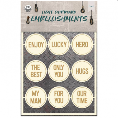 Conjunto de 9 emblemas redondos de chipboard claro com texto em letras douradas