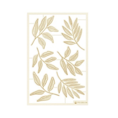 Placa decorativa com desenhos de folhas castanhas em fundo branco