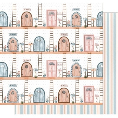 Padrão de portas coloridas em tons pastel com listras verticais ao lado