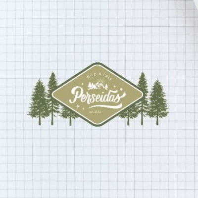 Logótipo verde com árvores e texto Perseidas sobre fundo quadriculado