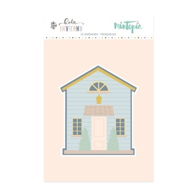 Embalagem com design de casinha azul clara para troqueles, com texto hola INVIERNO e MINTOPIC