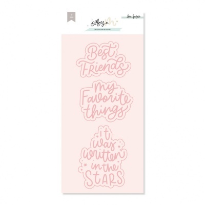 Conjunto de autocolantes rosa com frases em inglês sobre fundo rosa pálido