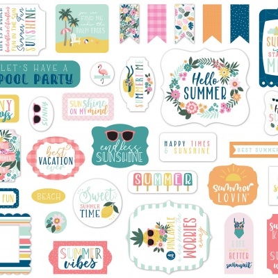 Etiquetas decorativas coloridas com temas de verão e frases em inglês em fundo branco