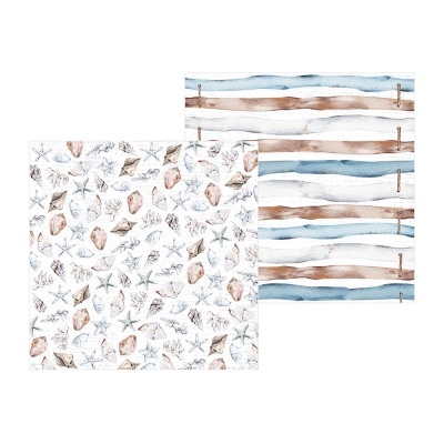 Papel decorativo com padrão de conchas e padrão de listras azul e castanho