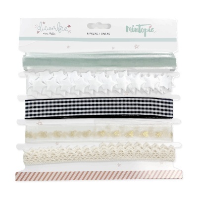 Pacote com 6 fitas decorativas variadas, incluindo acetinada, estrelas, xadrez, pontos dourados, renda e riscas rosa.