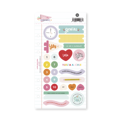 Folha de autocolantes escolares coloridos com diversas frases e desenhos