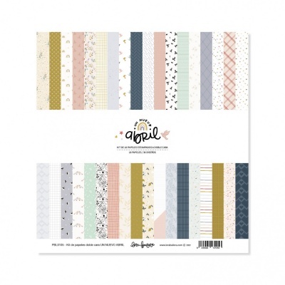 Conjunto de papéis decorativos com padrões variados e texto 'abril' e 'UN NUEVO AMOR'