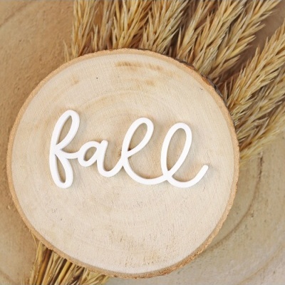 Decoração de madeira com a palavra 'fall' em branco sobre disco de madeira e ramos secos.