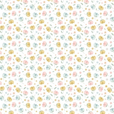 Papel de parede ou tecido com padrão floral pequeno em amarelo, rosa e azul claro