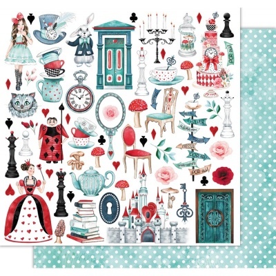 Ilustração temática Alice no País das Maravilhas com vários elementos coloridos e fundo azul com bolinhas brancas