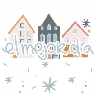 Três casas estilizadas com texto 'el mejor día' e decoração gráfica