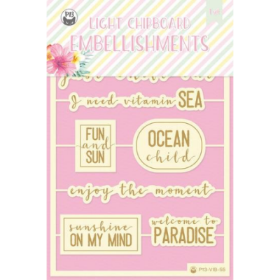 Embellishments de chipboard com frases em inglês com design em dourado e bege em embalagem colorida.