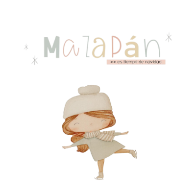 Texto 'Malapán >> es tiempo de navidad' com menina patinadora em roupa de inverno