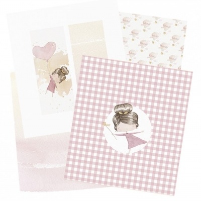 Conjunto de papelaria com cartão xadrez rosa, envelopes e papel decorativo com ilustração de menina