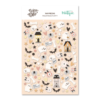 Folha de autocolantes Puffy com temática de Halloween incluindo fantasmas, casas e morcegos.