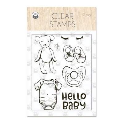 Selo transparente para carimbos com desenhos e texto Hello Baby em cartão com fundo imitação madeira