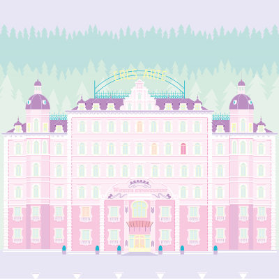 Ilustração de grande edifício rosa com texto 'ERES-ARTE' e 'Hotel'