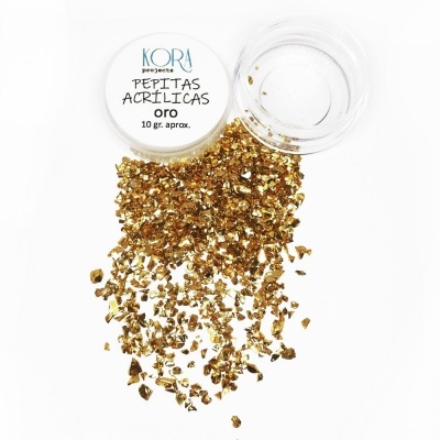 Recipiente com pepitas acrílicas douradas e tampa branca com texto