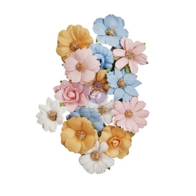 Flores artificiais coloridas em tecido com centros dourados