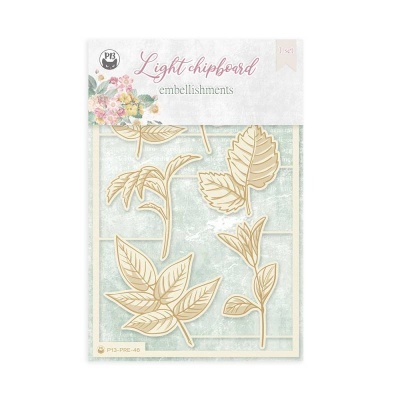 Ornamentos em chipboard leve em forma de folhas em embalagem com texto Light chipboard embellishments