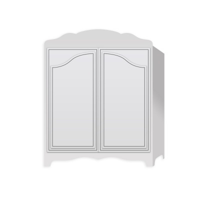 Armário branco de madeira com duas portas decoradas e topo arqueado
