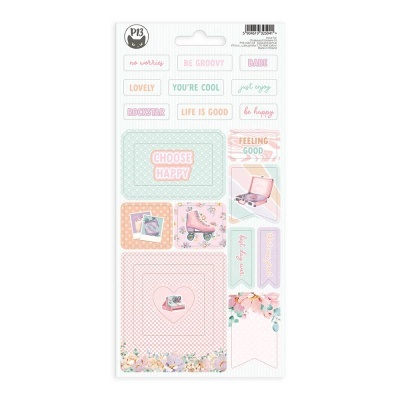 Conjunto de autocolantes coloridos com frases em inglês e imagens variadas